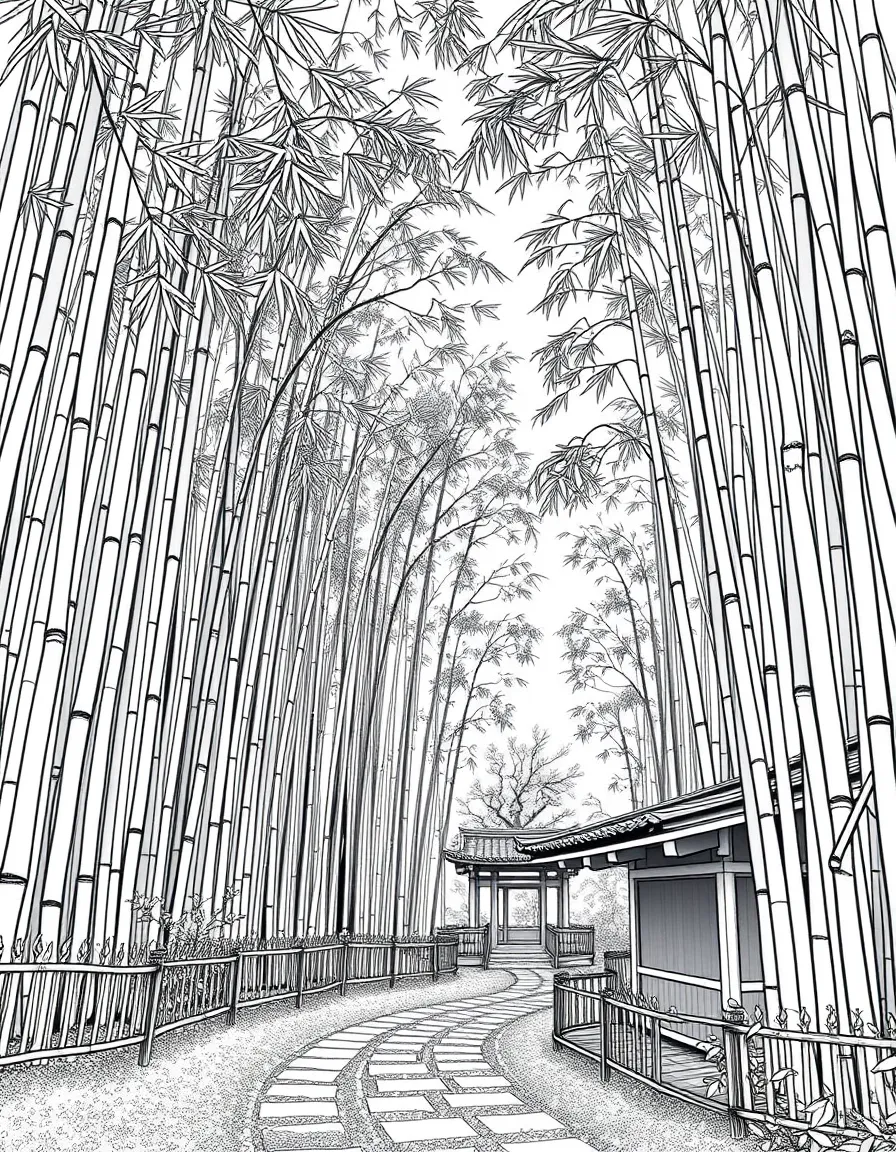 The Kyoto Bamboo Grove with Japanese Arashiyama district natural cathedral, bamboo forest acoustic properties, traditional Japanese garden aesthetics, and spiritual walking meditation