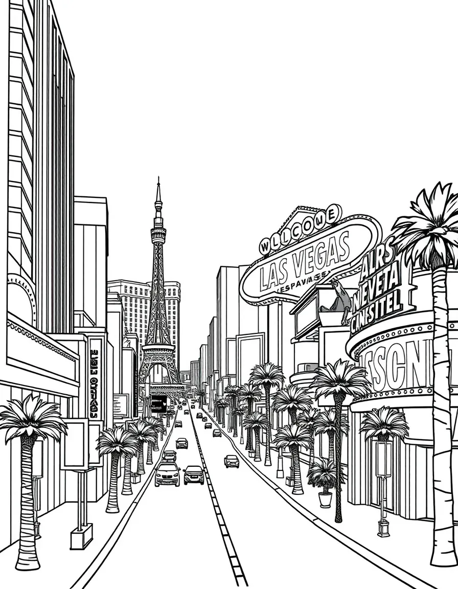 The Las Vegas Strip with Nevada entertainment capital, casino architectural fantasies, desert oasis artificial creation, and American excess cultural expression