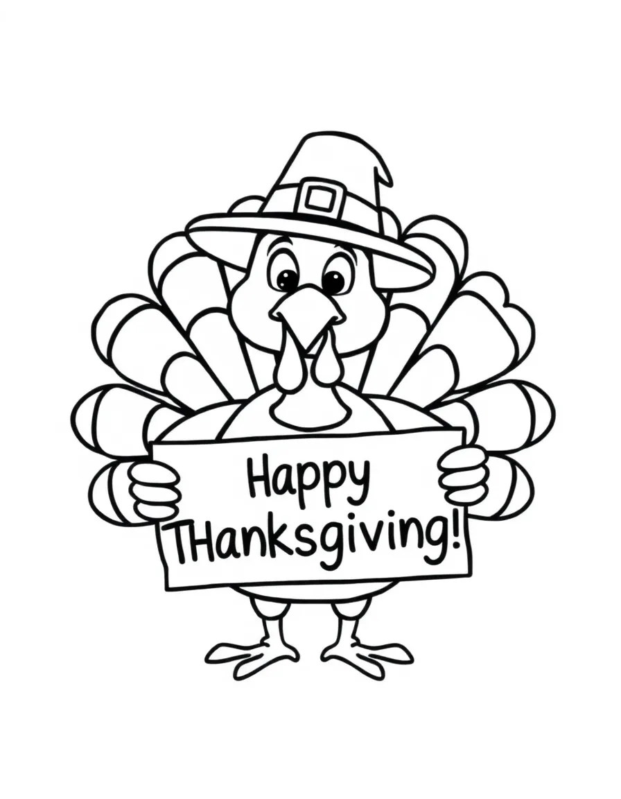 A plump turkey wearing a pilgrim hat, holding a sign that says "Happy Thanksgiving!"