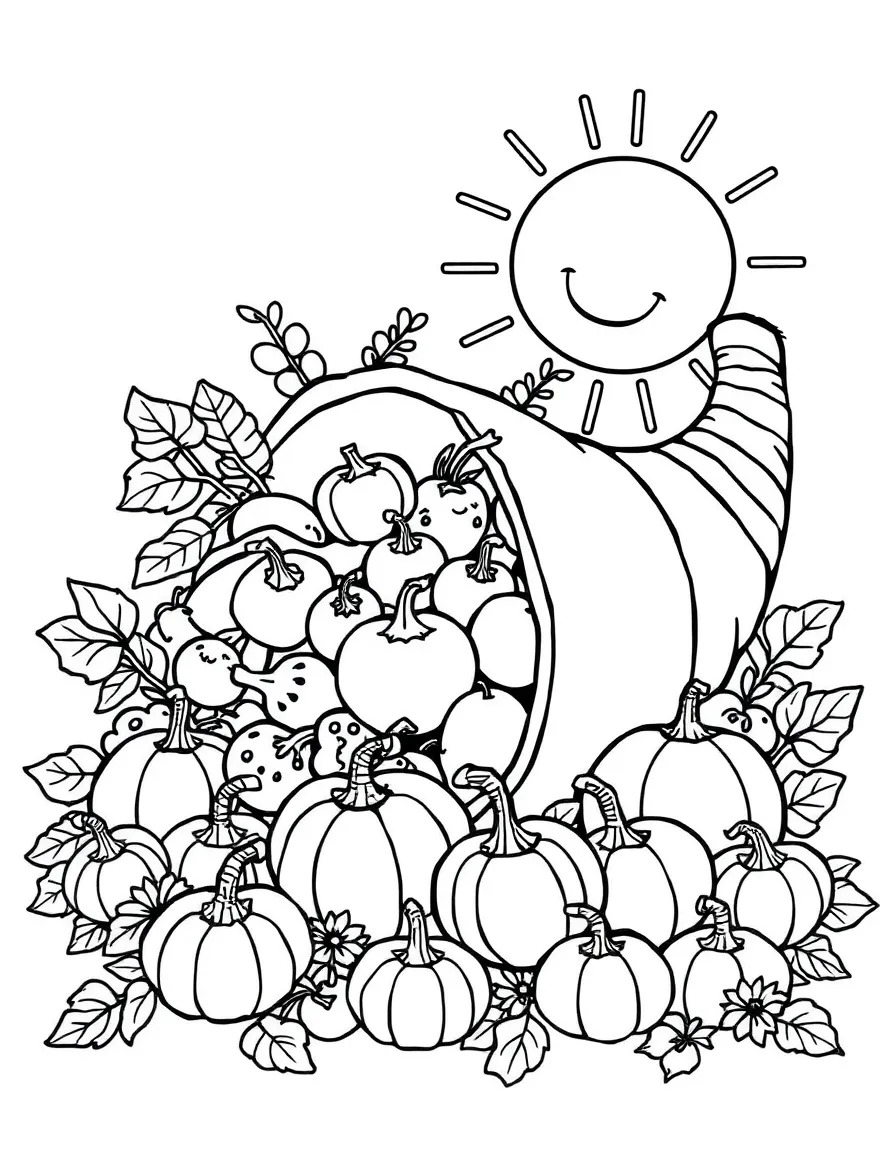 A cornucopia overflowing with fruits, vegetables, and gourds, with a smiling sun in the background.