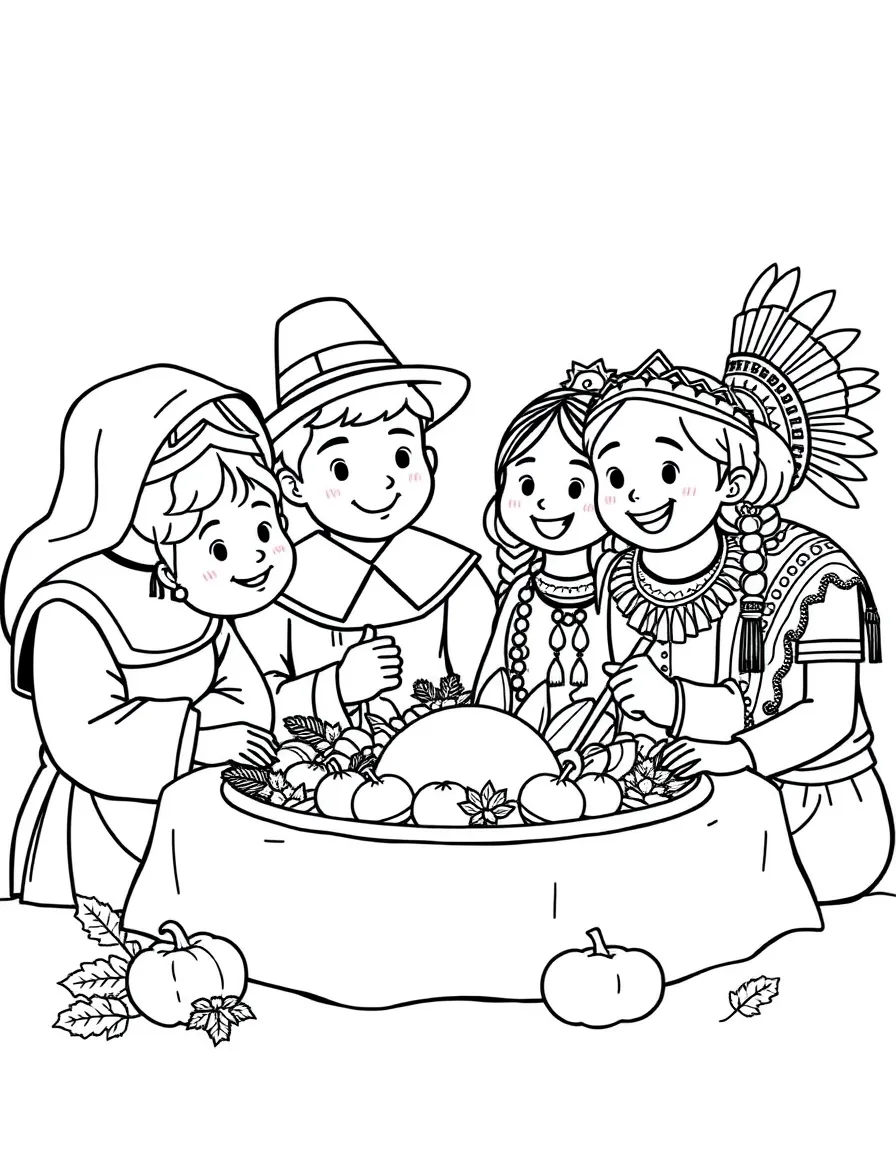 A family of cartoon pilgrims and Native Americans sharing a Thanksgiving feast together.
