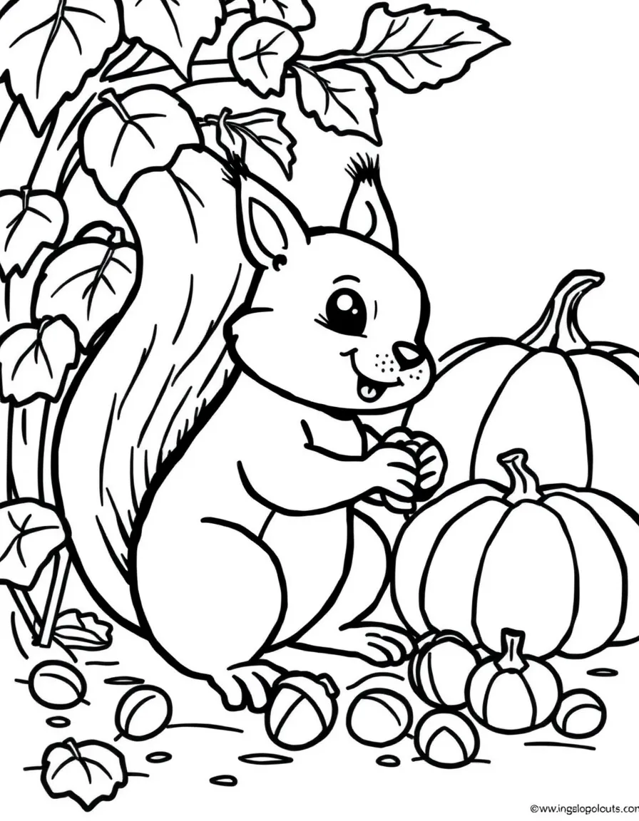 A friendly squirrel burying acorns near a pumpkin patch.