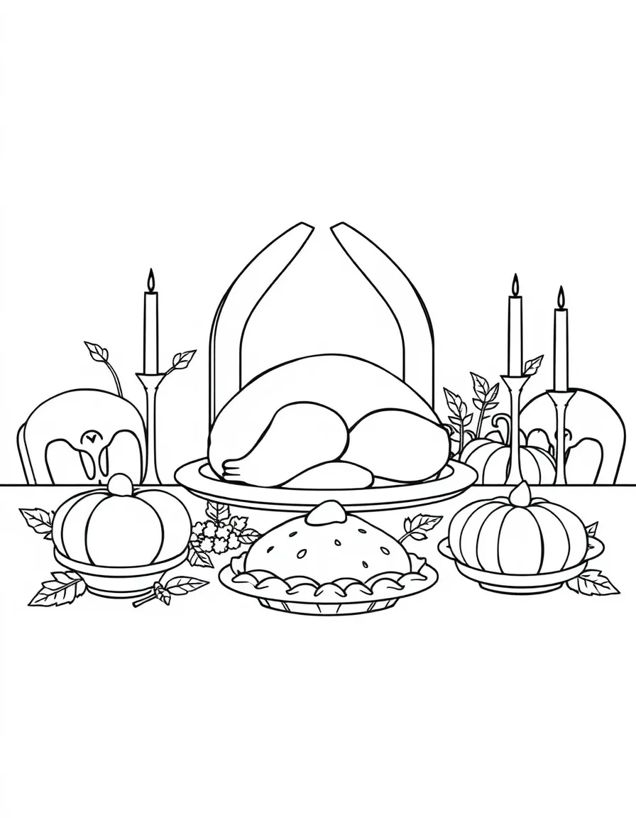A large, decorated Thanksgiving table with a roasted turkey, mashed potatoes, and pumpkin pie.