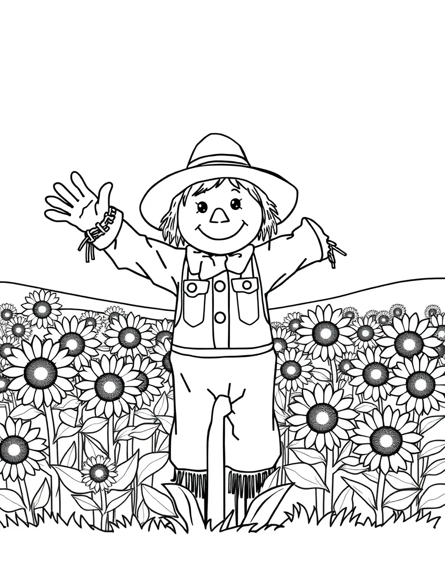 A cheerful scarecrow waving in a field of sunflowers.