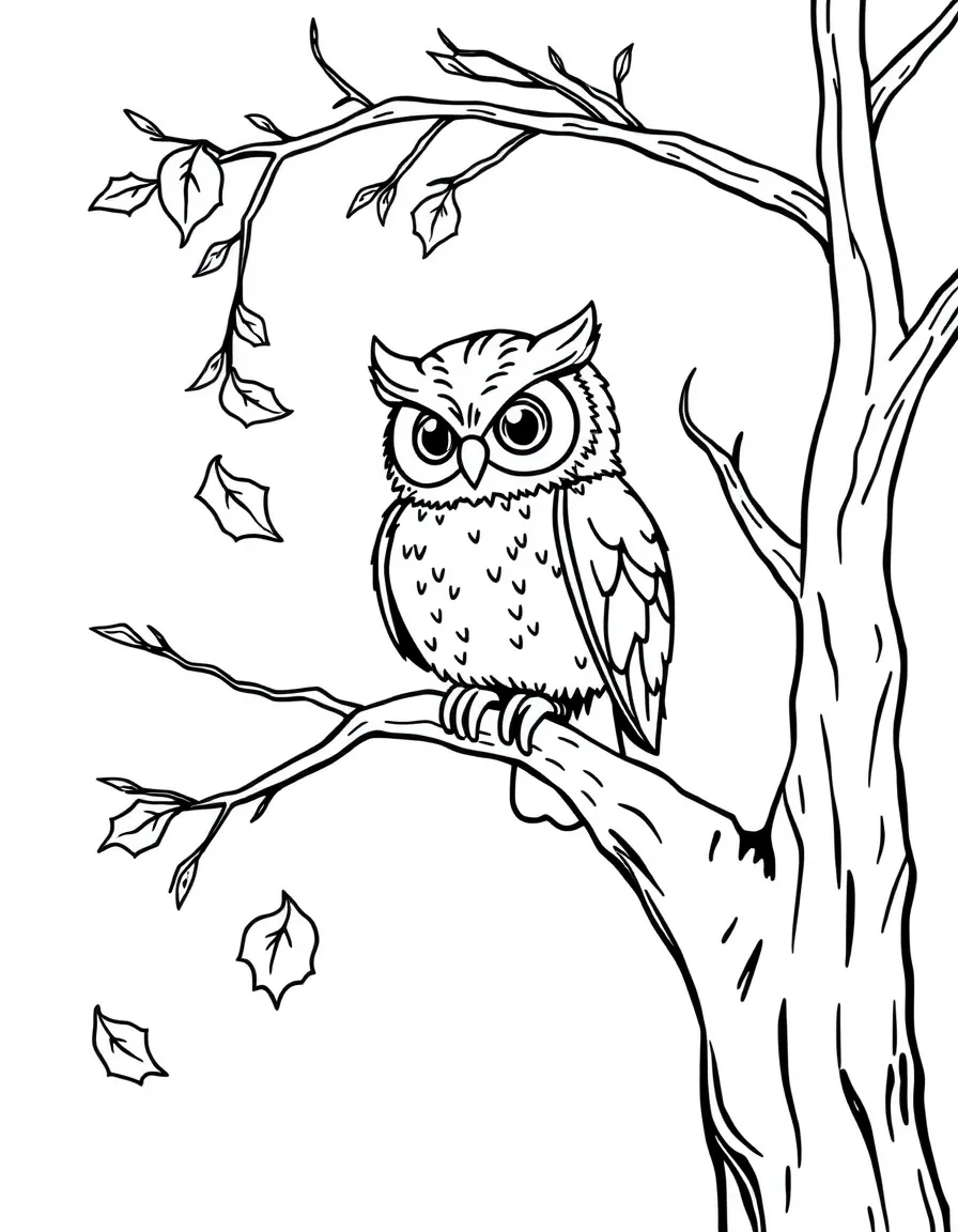 A cute owl perched on a bare tree branch, looking at falling autumn leaves.