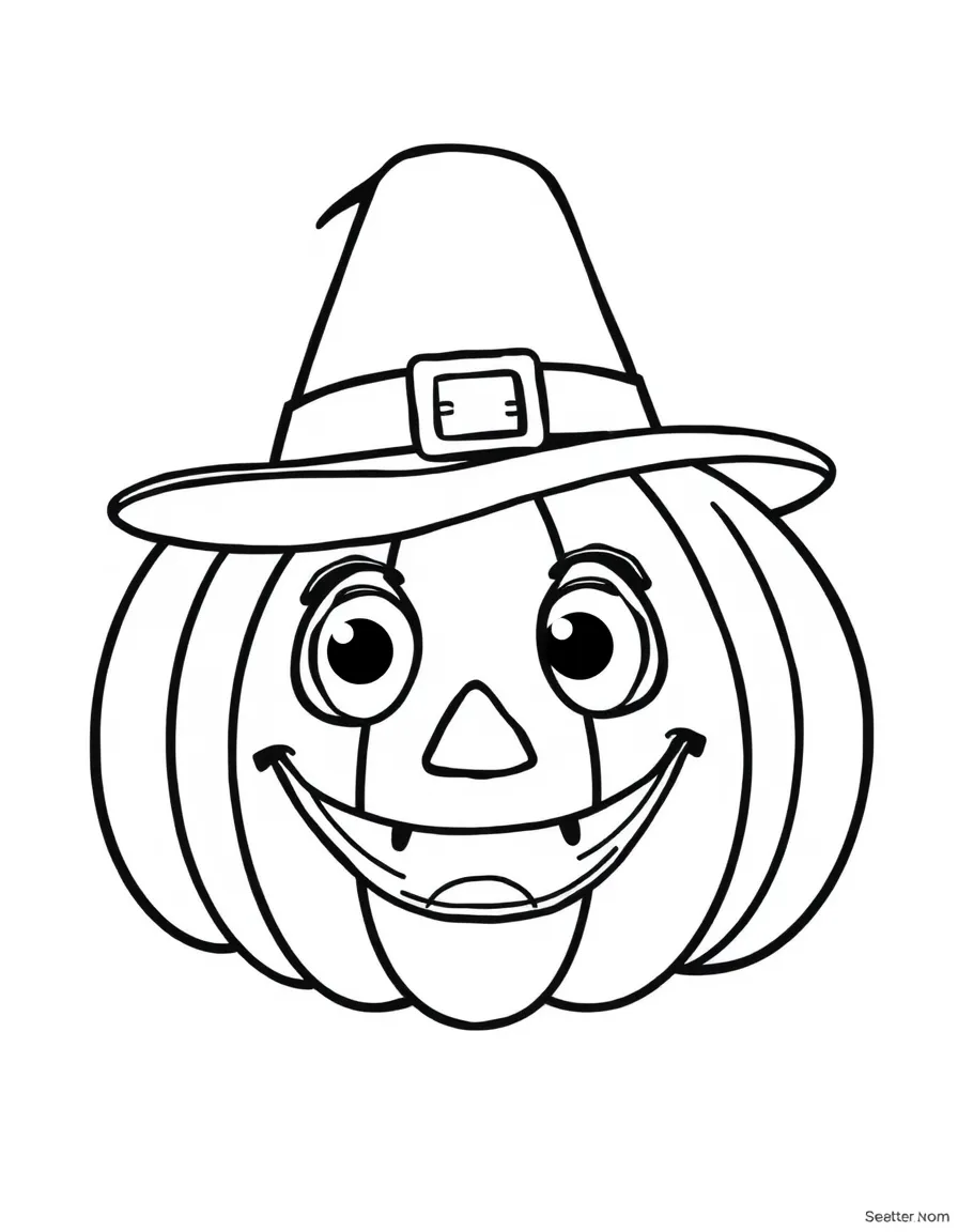 A smiling pumpkin with a pilgrim hat and big, friendly eyes.