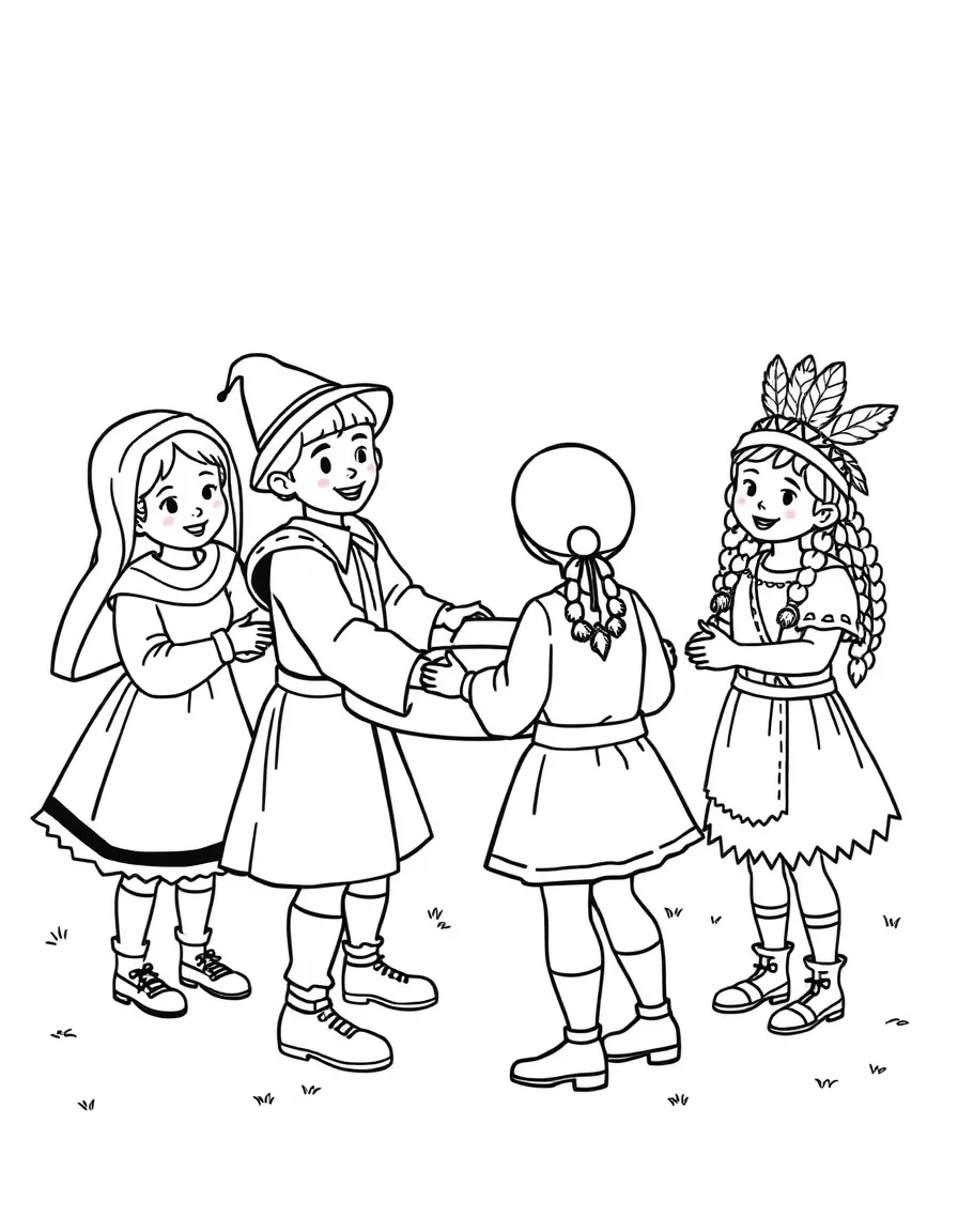 A group of kids dressed as pilgrims and Native Americans playing ring-around-the-rosy.