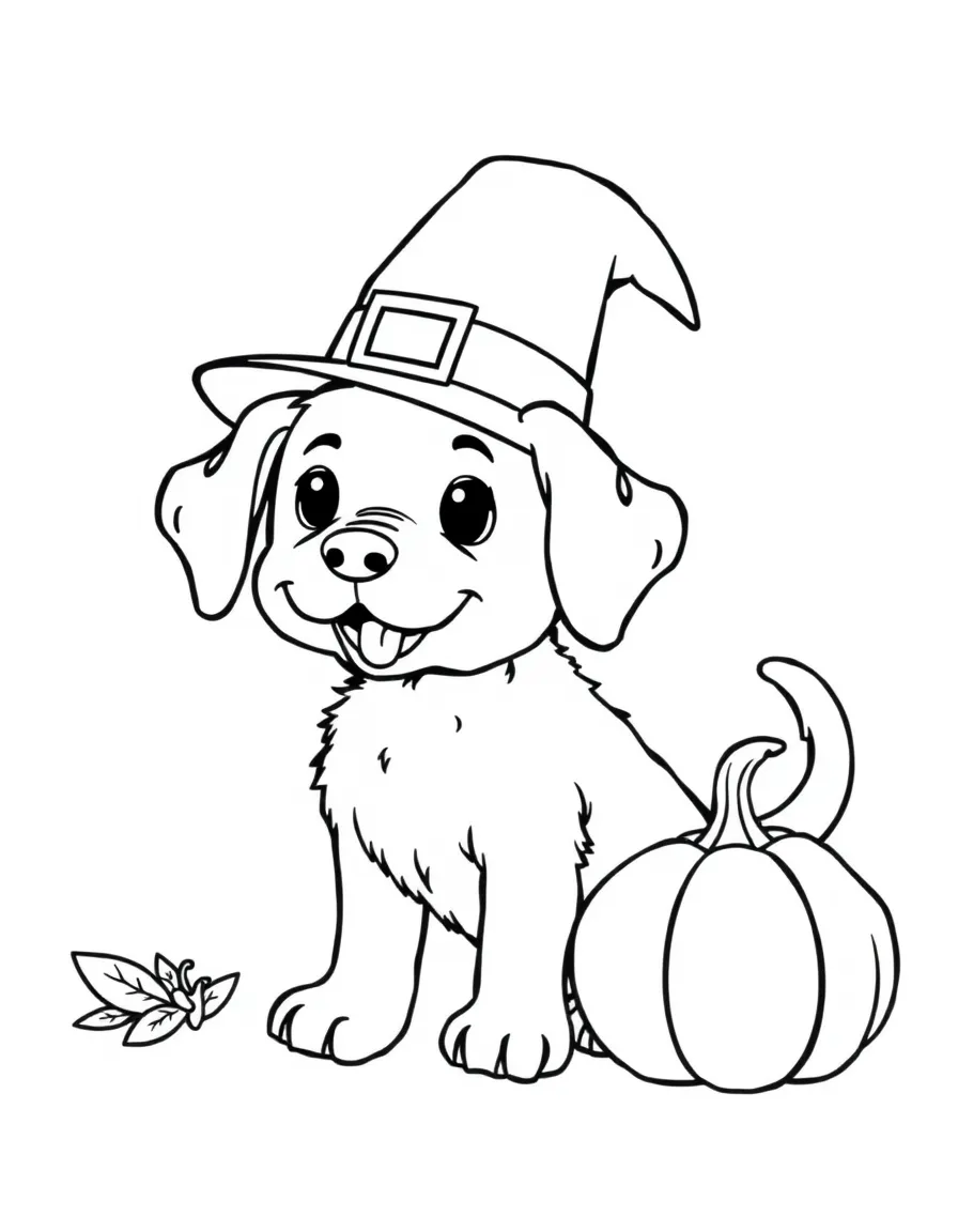 A dog wearing a tiny pilgrim hat, wagging its tail next to a pumpkin.
