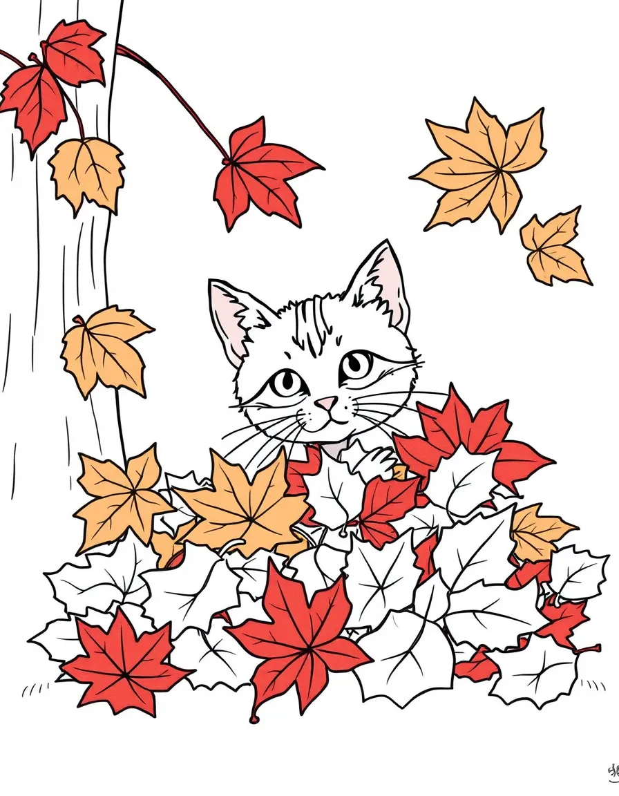 A cat peeking out from behind a pile of colorful autumn leaves.