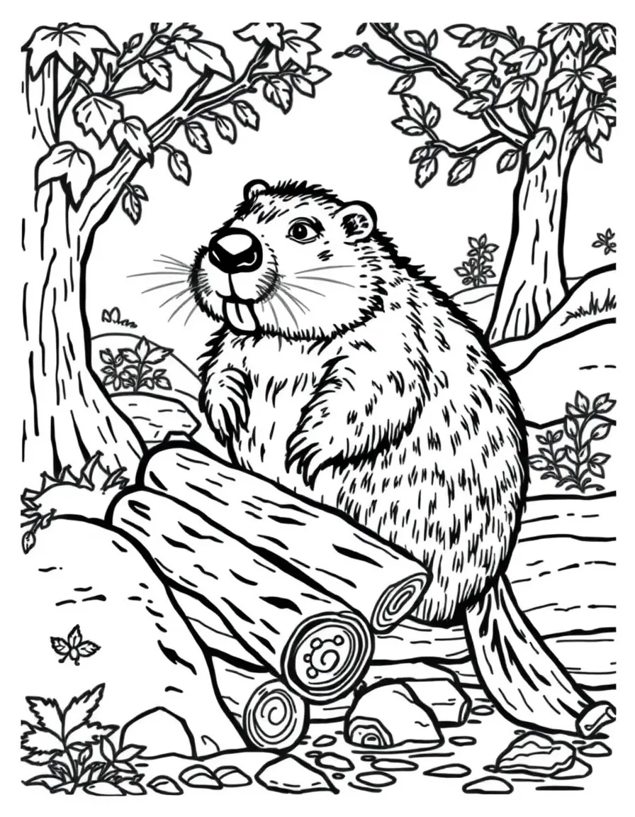 A busy beaver building a dam with fallen logs and autumn foliage.