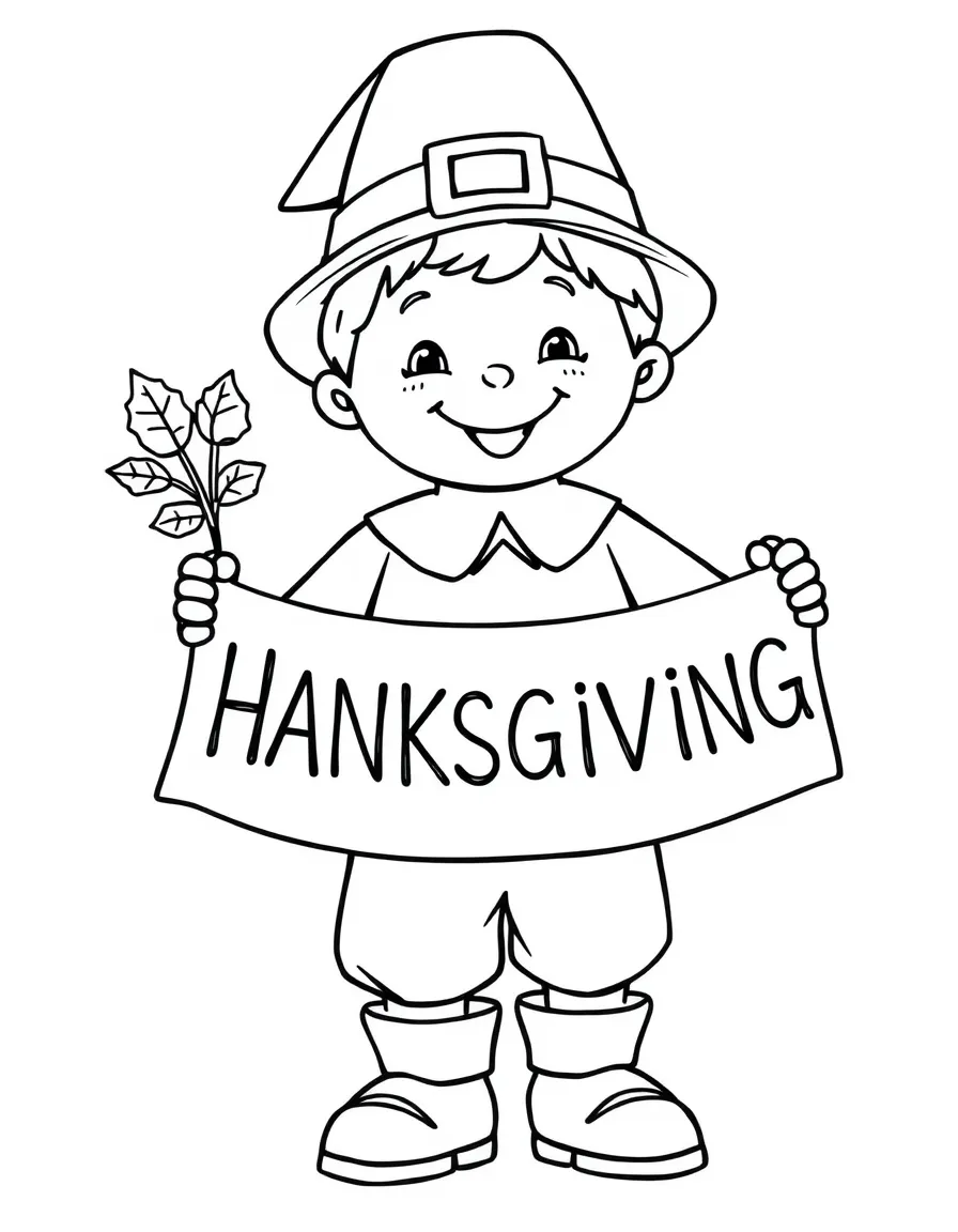 A happy pilgrim boy holding a Thanksgiving banner.