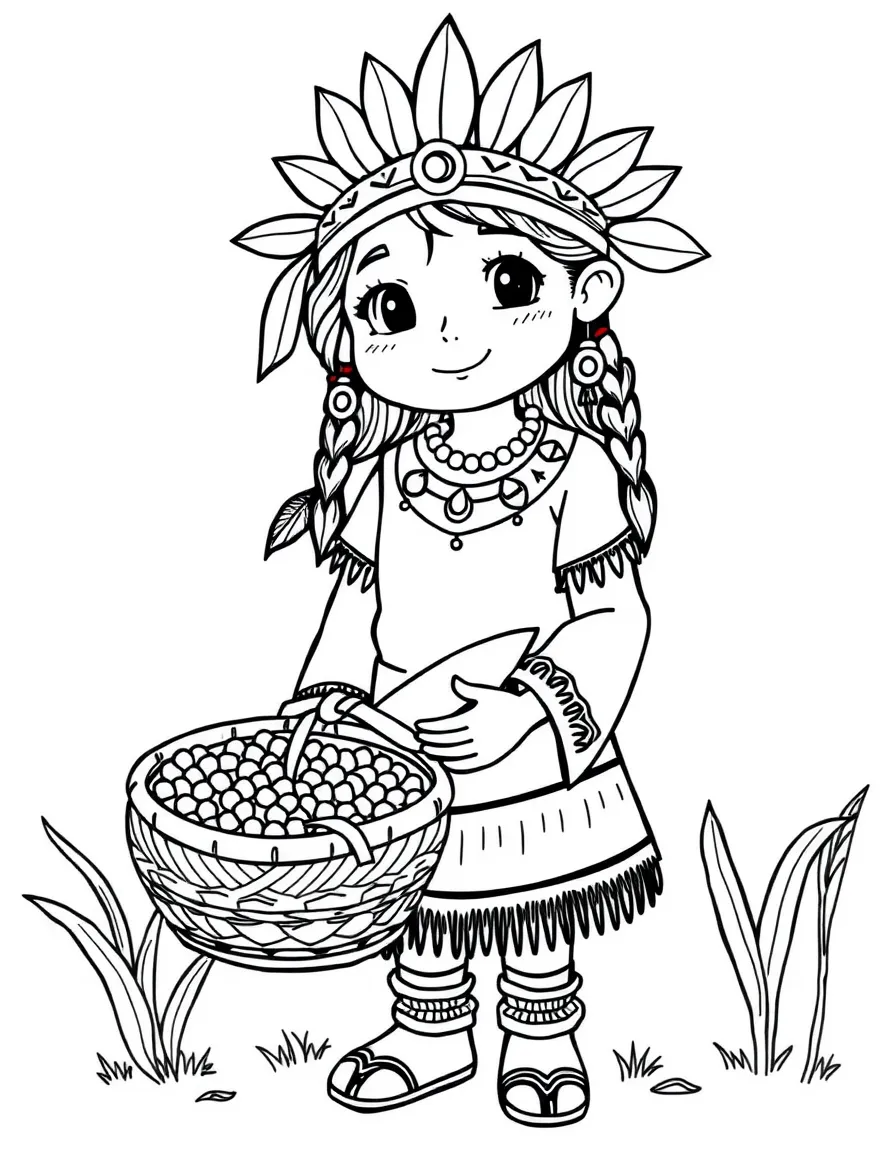 A kind Native American girl offering a basket of corn.