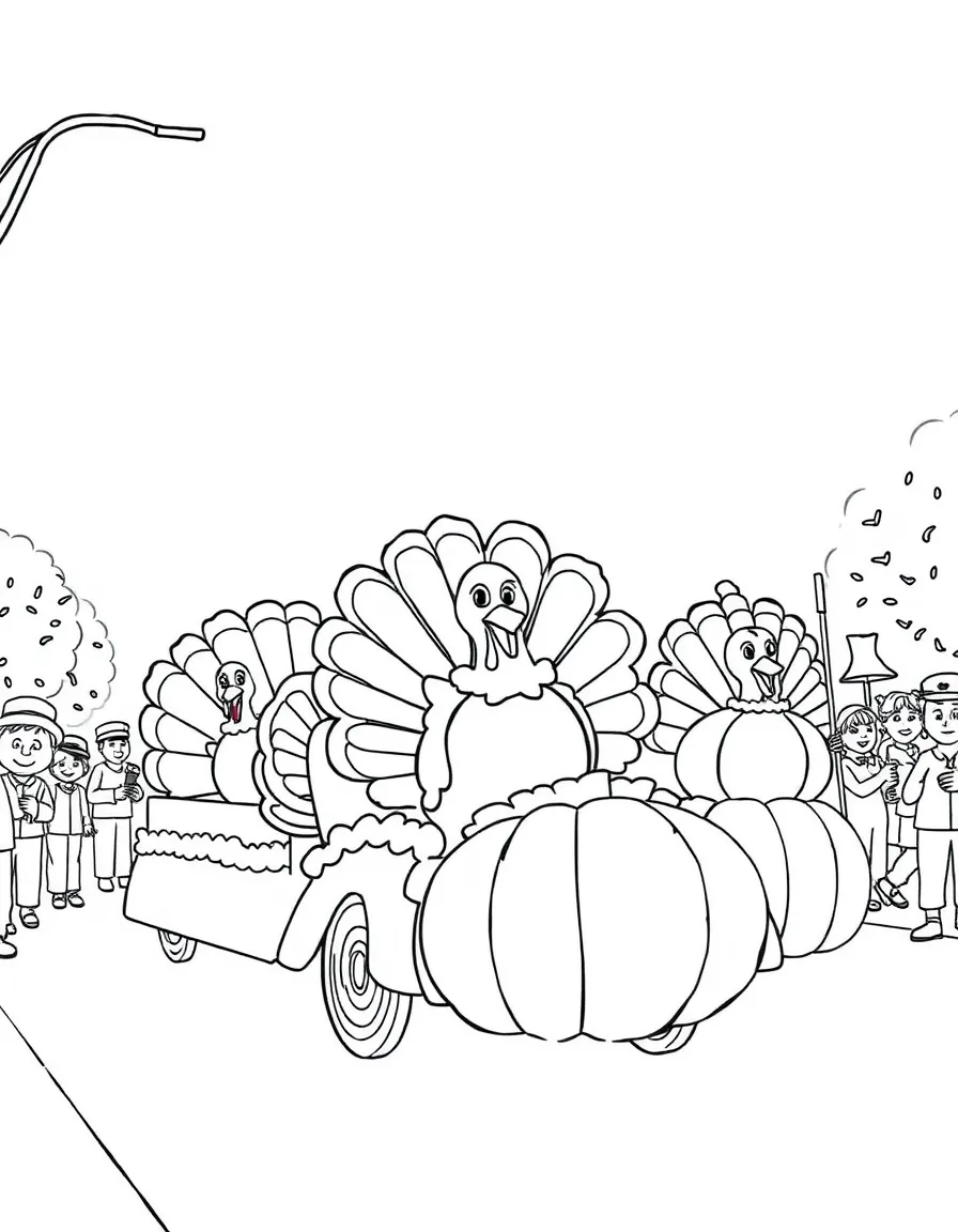 A bountiful Thanksgiving parade with floats shaped like turkeys and pumpkins.