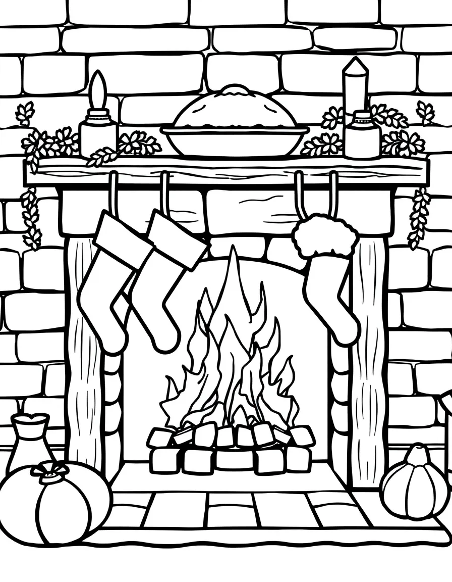 A cozy fireplace with stockings hung and a Thanksgiving pie cooling on the mantel.