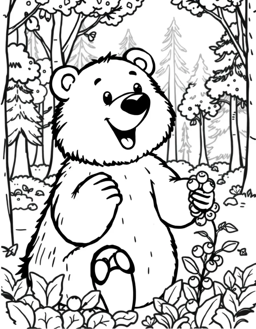 A friendly bear collecting berries in a forest with autumn trees.