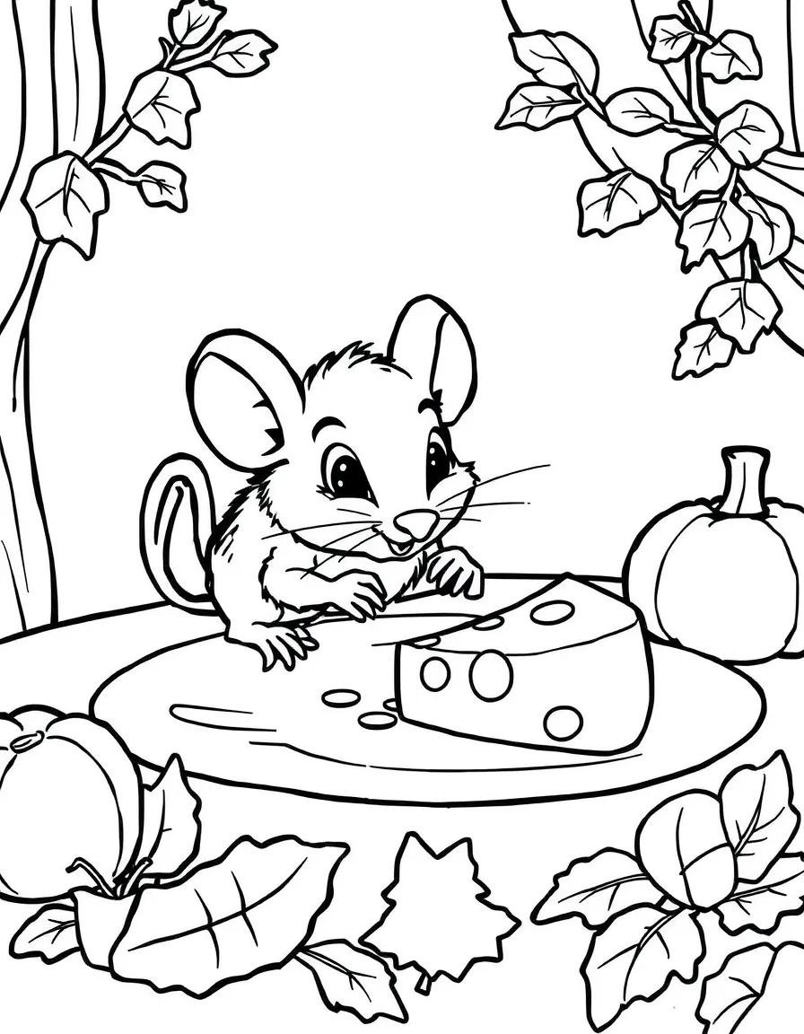 A little mouse sneaking a piece of cheese from a Thanksgiving table.