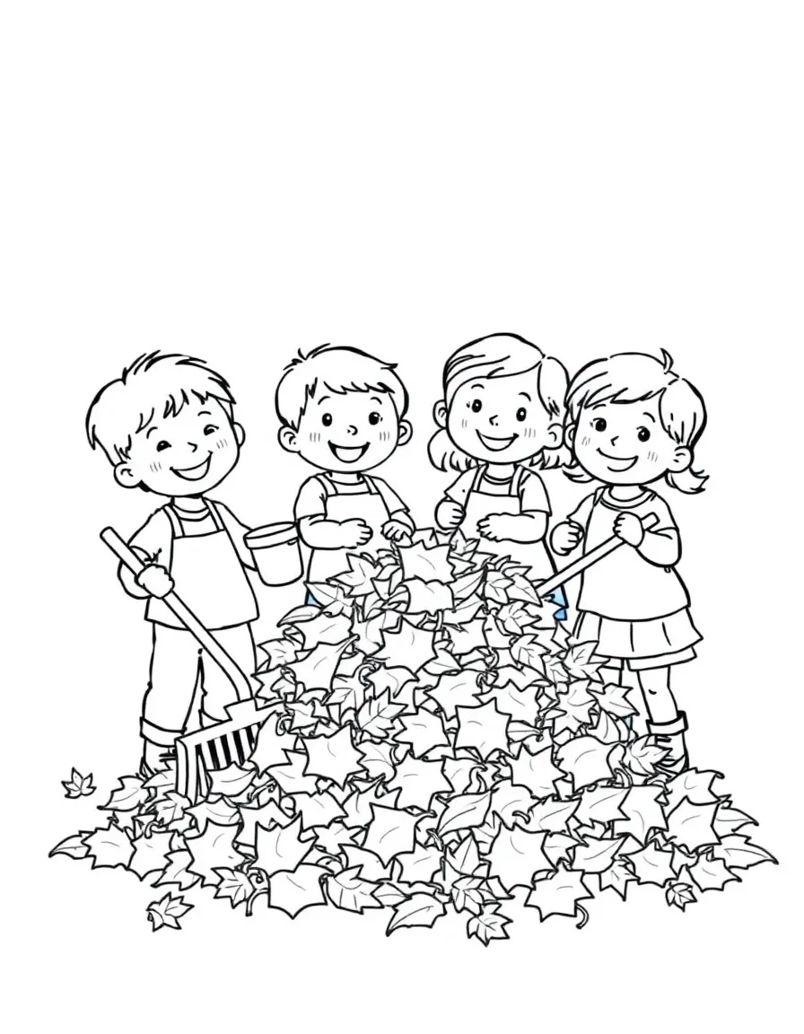 A group of happy children raking leaves into a big pile.