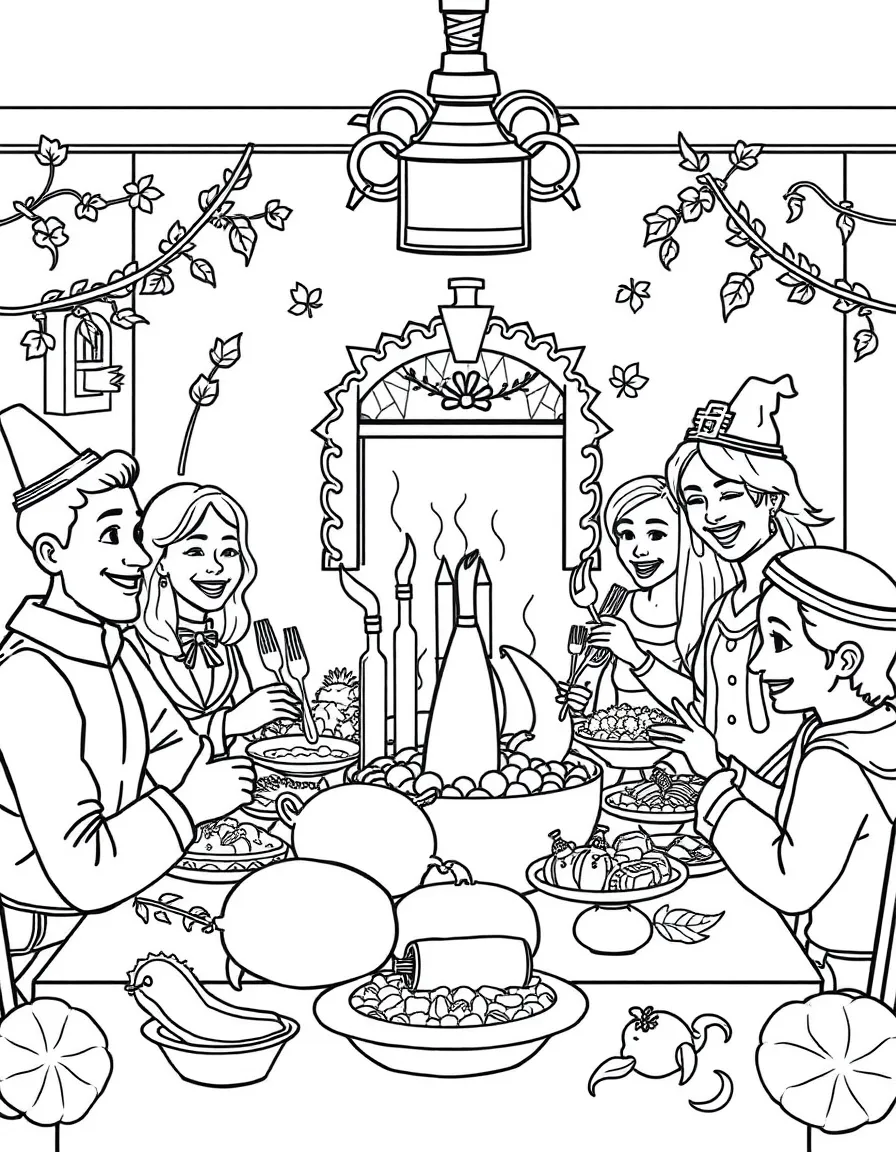 A detailed Thanksgiving dinner scene with various dishes and happy family members.