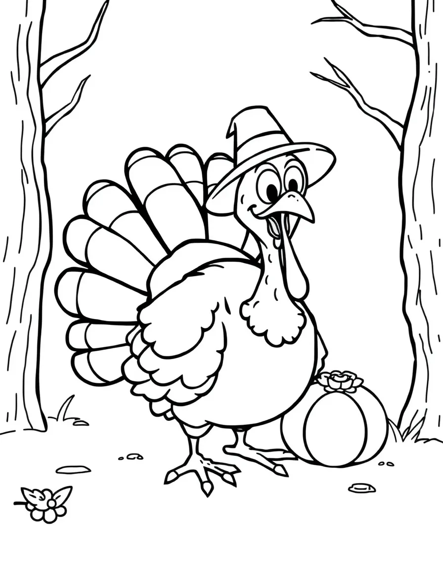 A funny turkey trying to hide from a pilgrim.