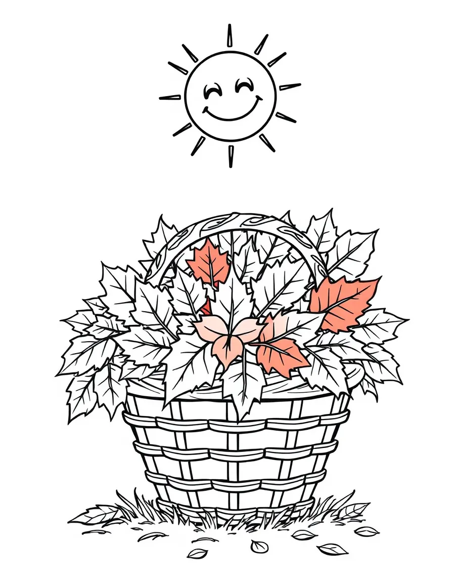 A basket full of colorful autumn leaves, with a smiling sun above.