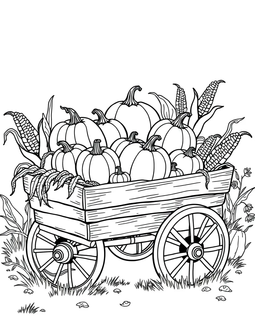 A wagon overflowing with pumpkins, gourds, and corn.