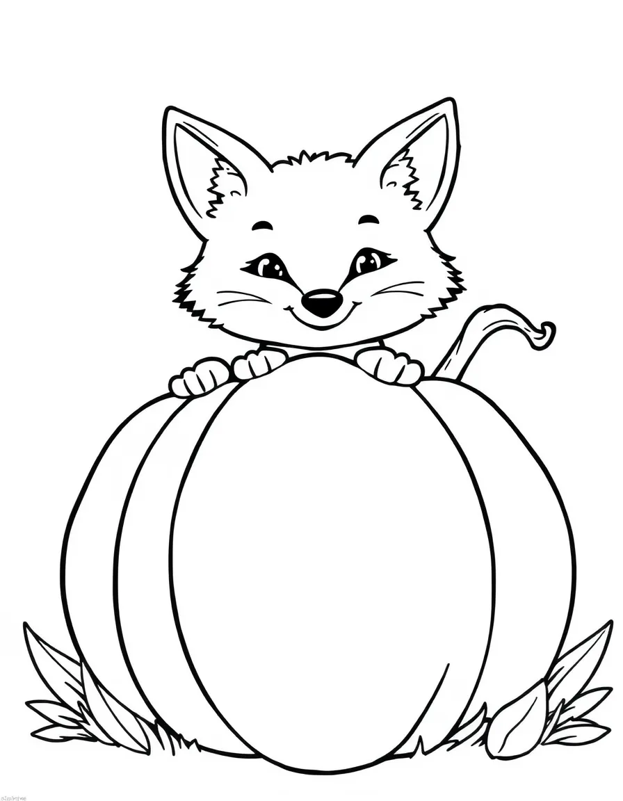 A cute fox peeking out from behind a large pumpkin.