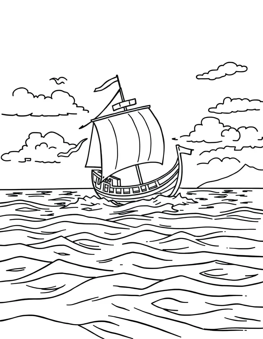 A pilgrim ship sailing on a calm ocean towards a new land.