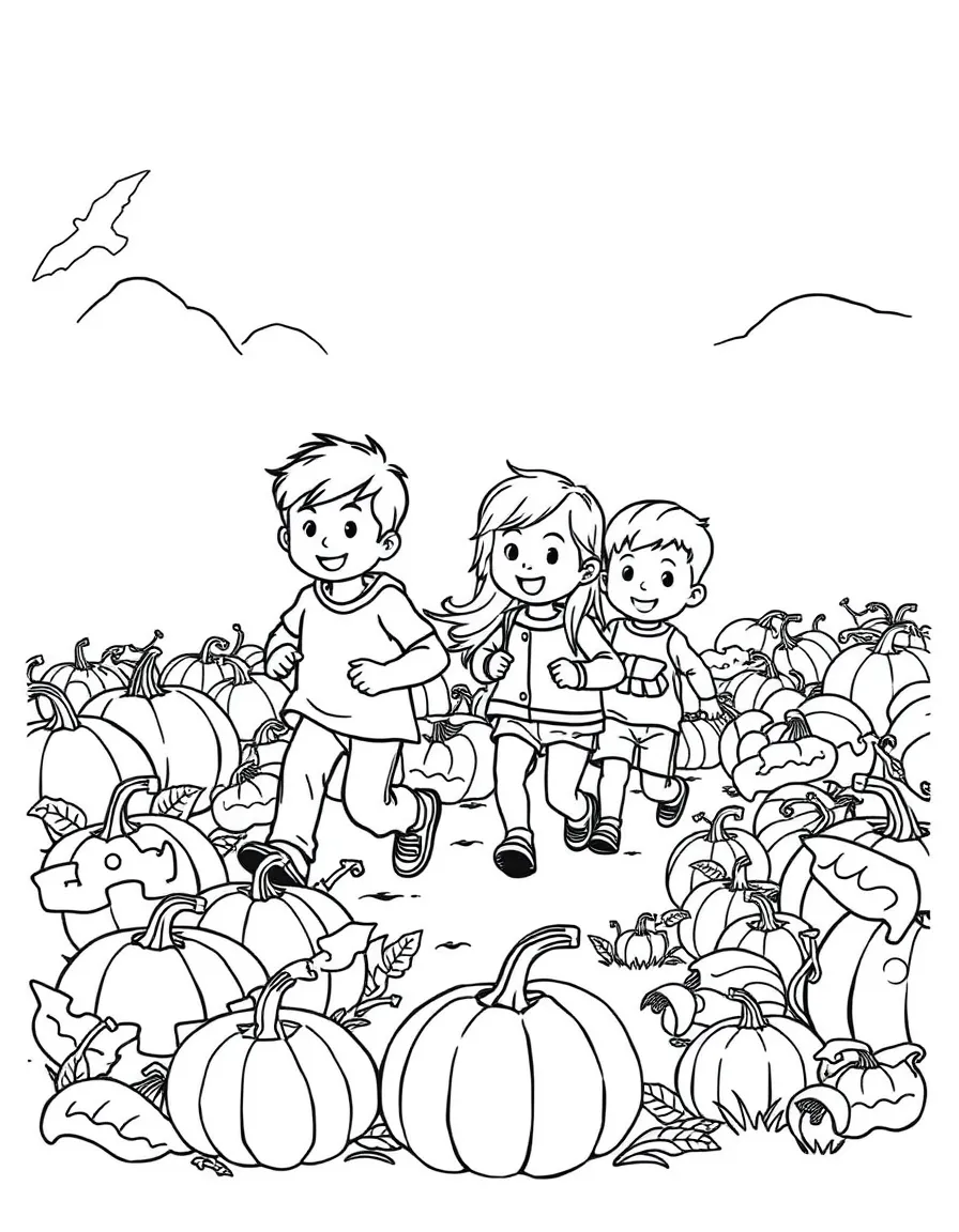 A group of children playing tag in a pumpkin patch.