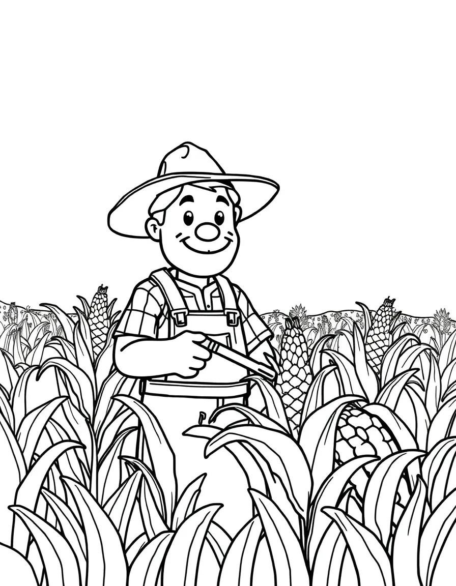 A friendly farmer harvesting corn in a field.