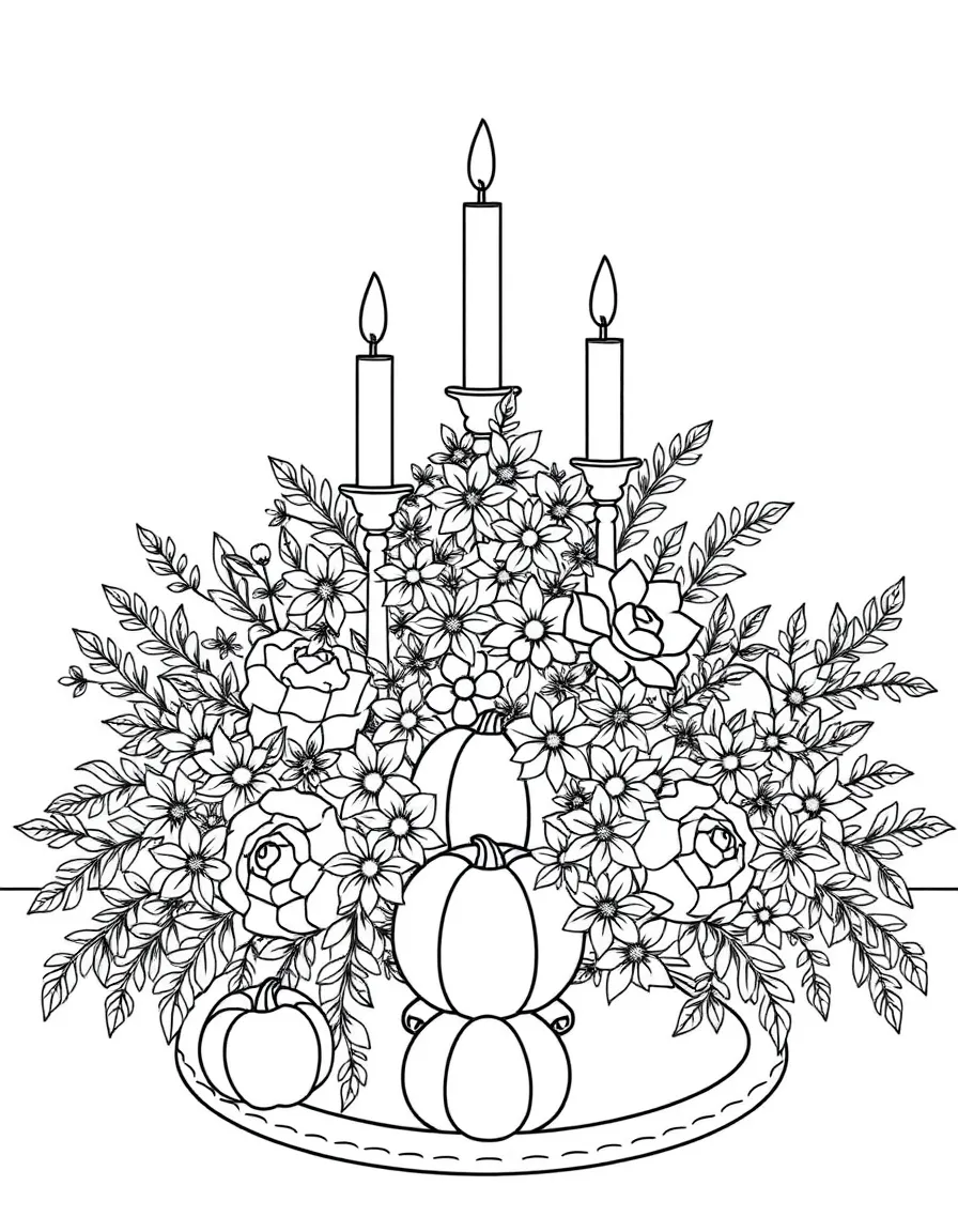 A large, ornate Thanksgiving centerpiece with candles and flowers.