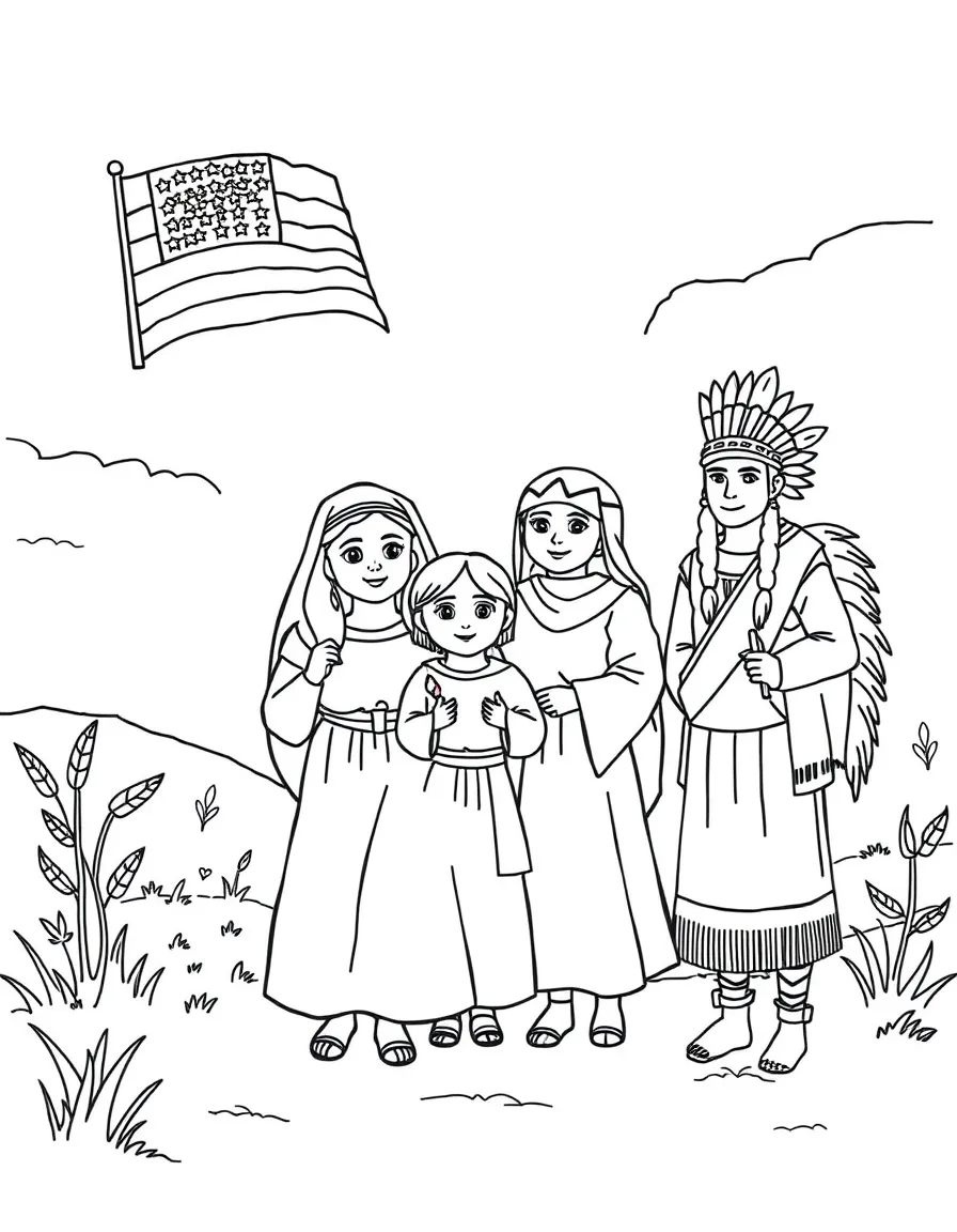 A pilgrim family arriving in America, greeted by friendly Native Americans.