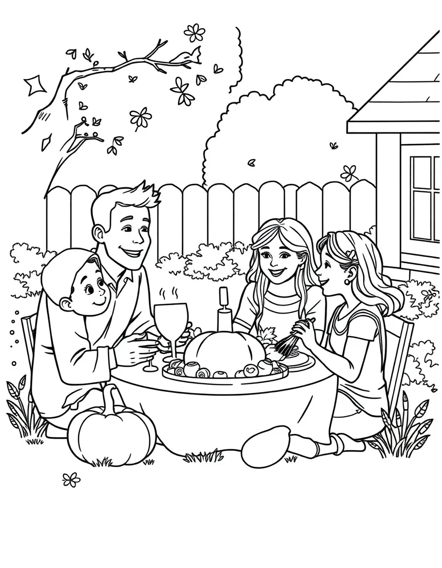 A happy family sharing a Thanksgiving meal in their backyard.