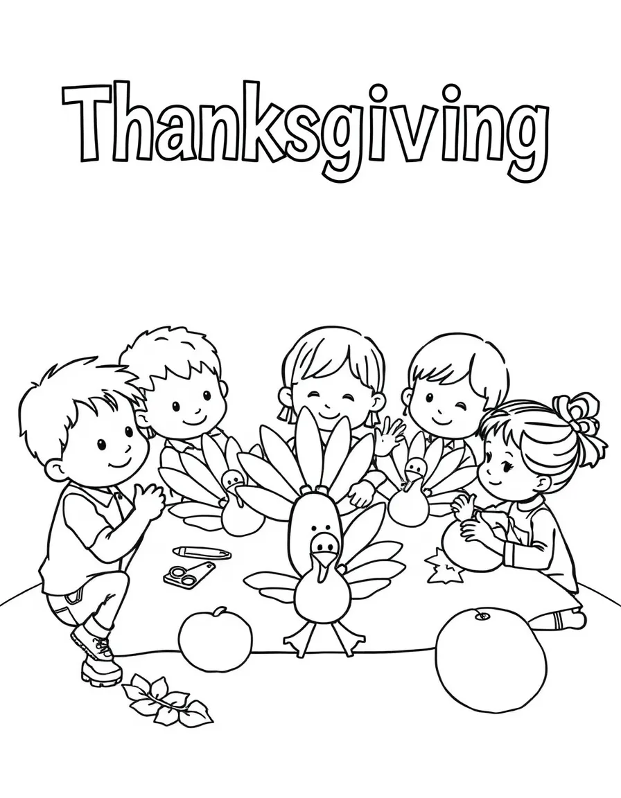 A group of children making Thanksgiving crafts, like paper turkeys.