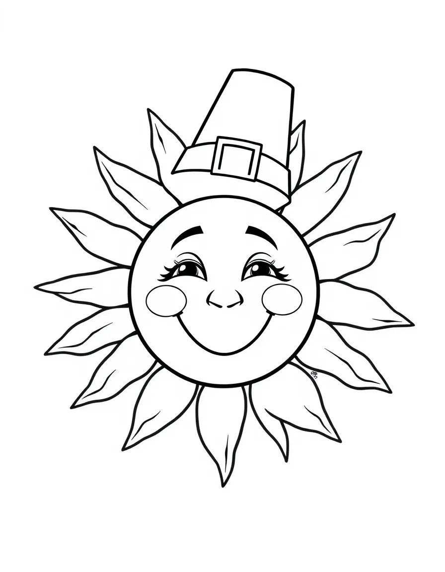 A smiling sun wearing a tiny pilgrim hat.