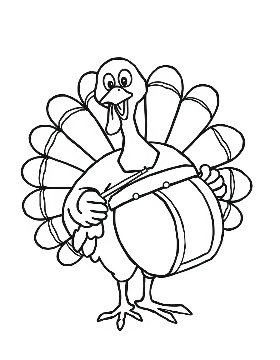 A cheerful turkey playing a drum.