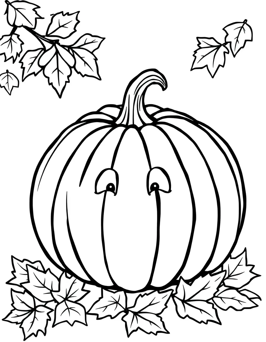 A big, round pumpkin with a friendly face, surrounded by autumn leaves.