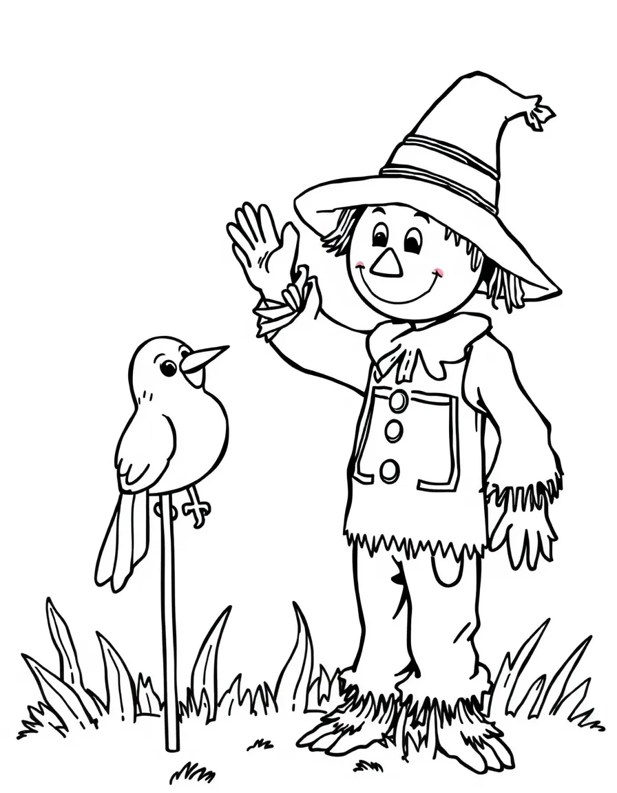 A scarecrow high-fiving a friendly bird.