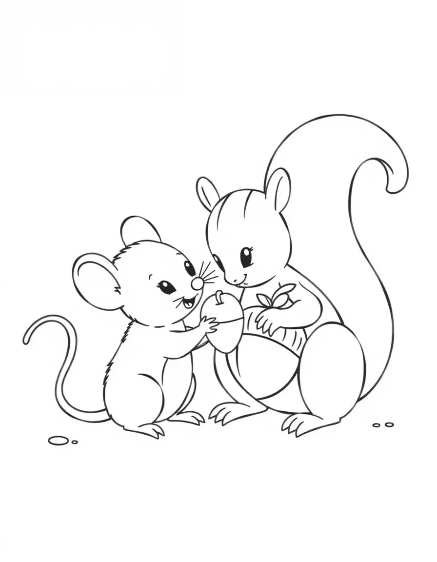 A cute little mouse sharing an acorn with a squirrel.