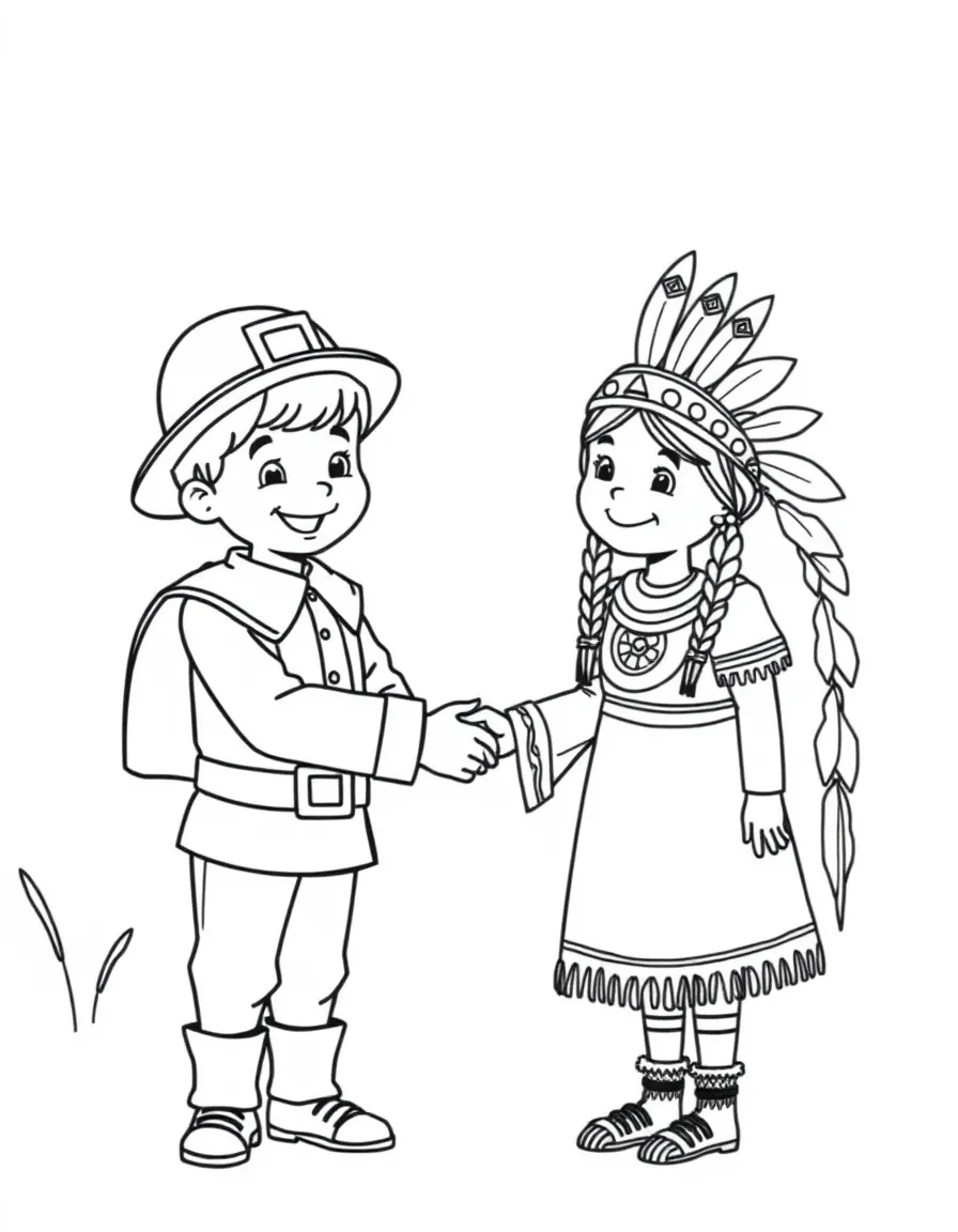 A happy pilgrim boy and Native American girl shaking hands.