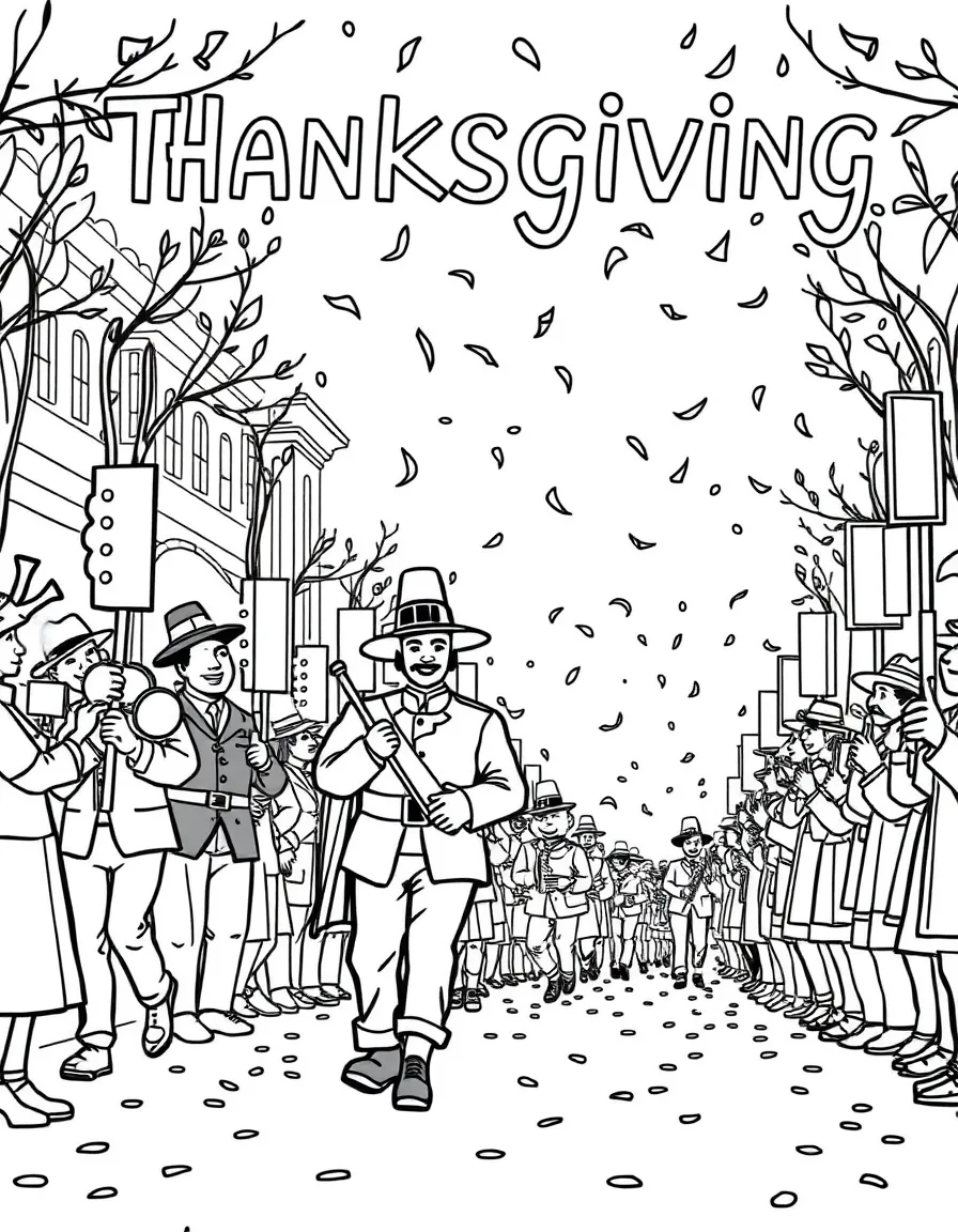 A Thanksgiving parade with marching bands and confetti.