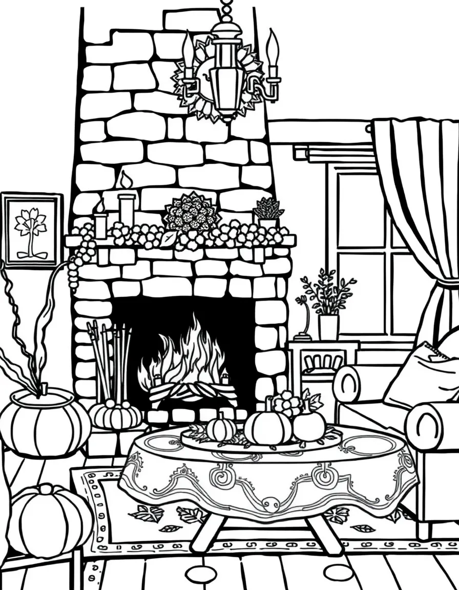 A cozy living room with a crackling fire and a Thanksgiving tablecloth.