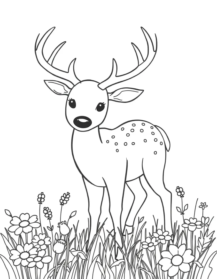 A friendly deer grazing in a field of autumn flowers.