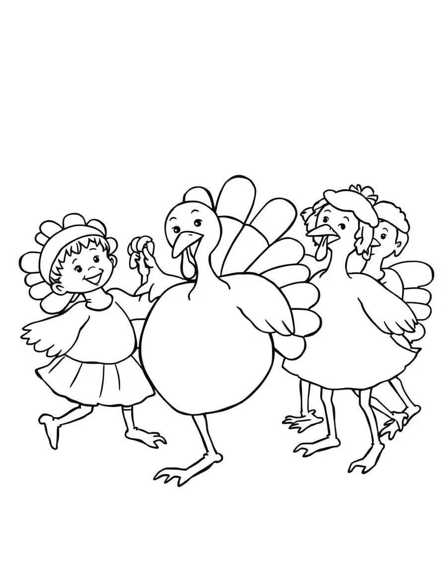 A group of children dressed as turkeys doing a silly dance.