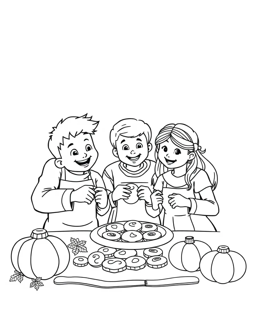 A happy family baking Thanksgiving cookies.