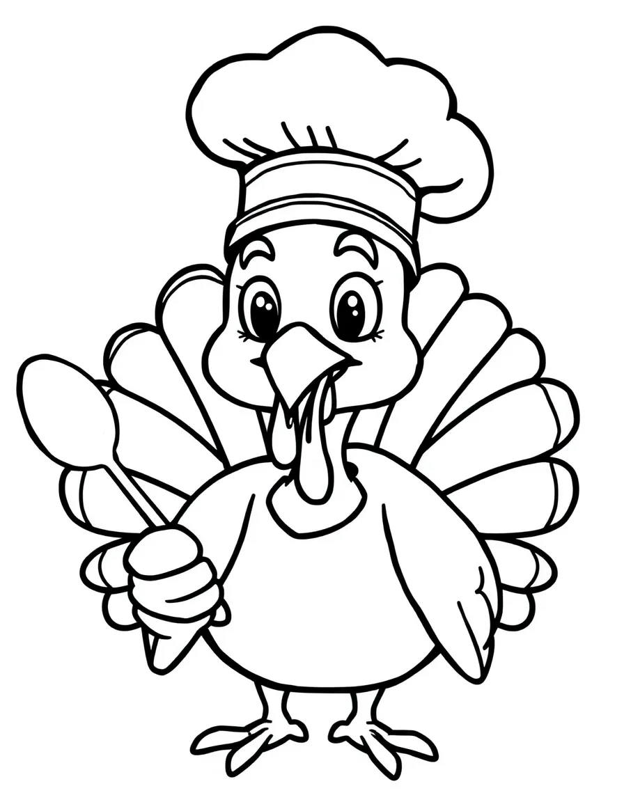 A funny turkey wearing a chef's hat and holding a cooking spoon.