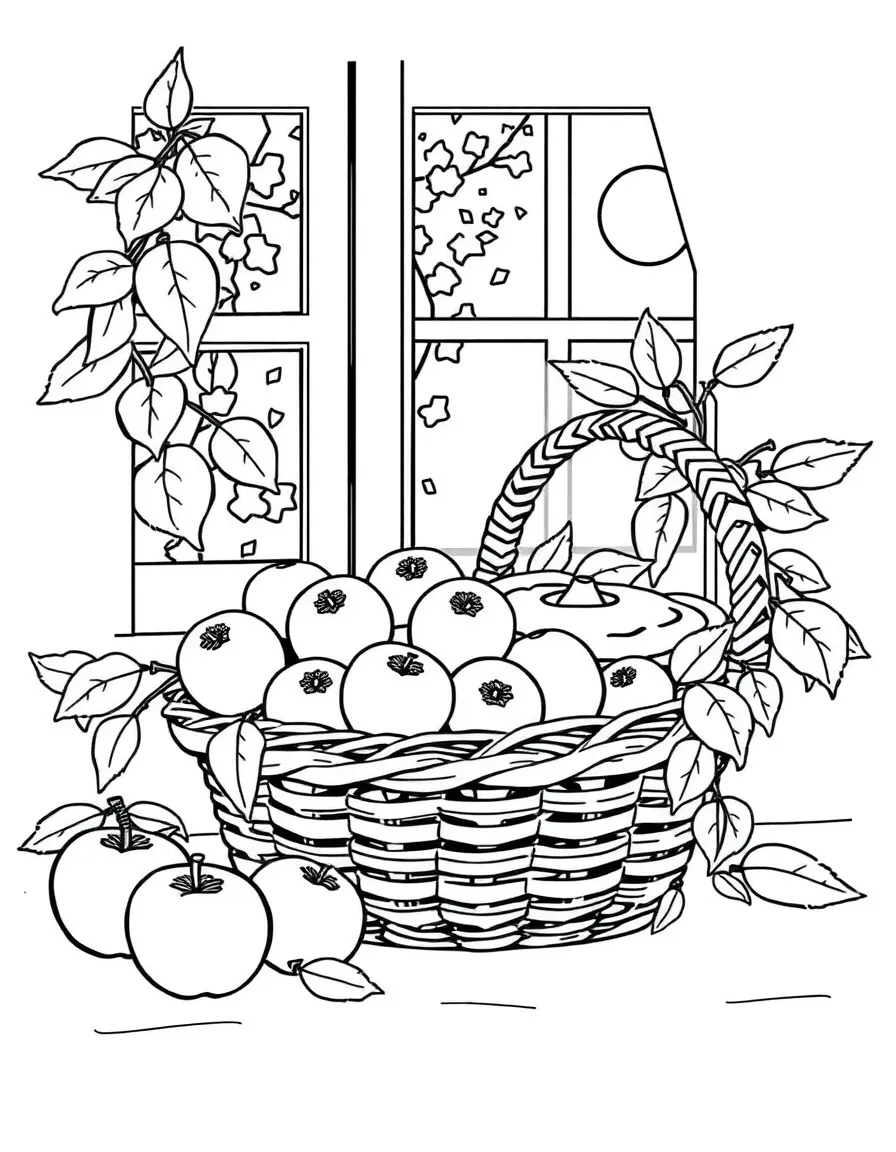 A basket of freshly picked apples and a pie cooling on a windowsill.