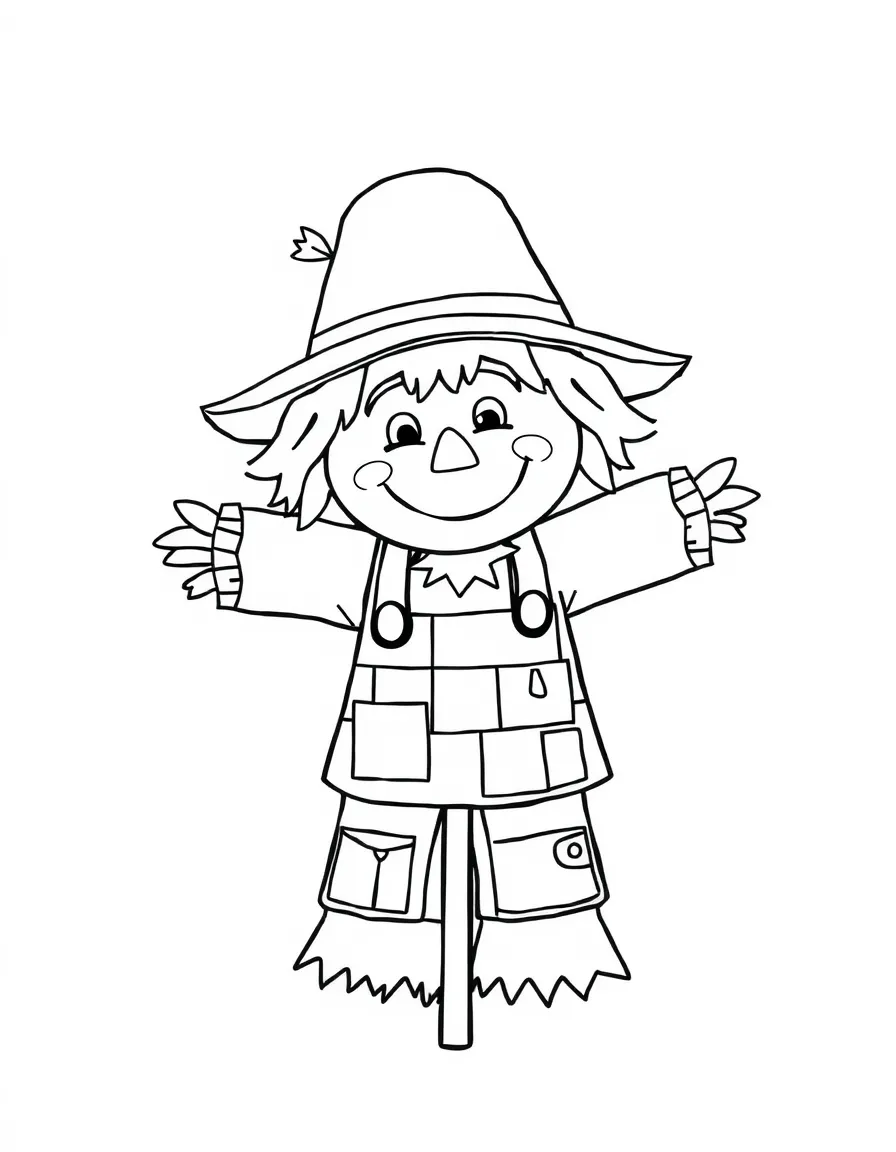 A happy scarecrow wearing a patchwork outfit and a big smile.