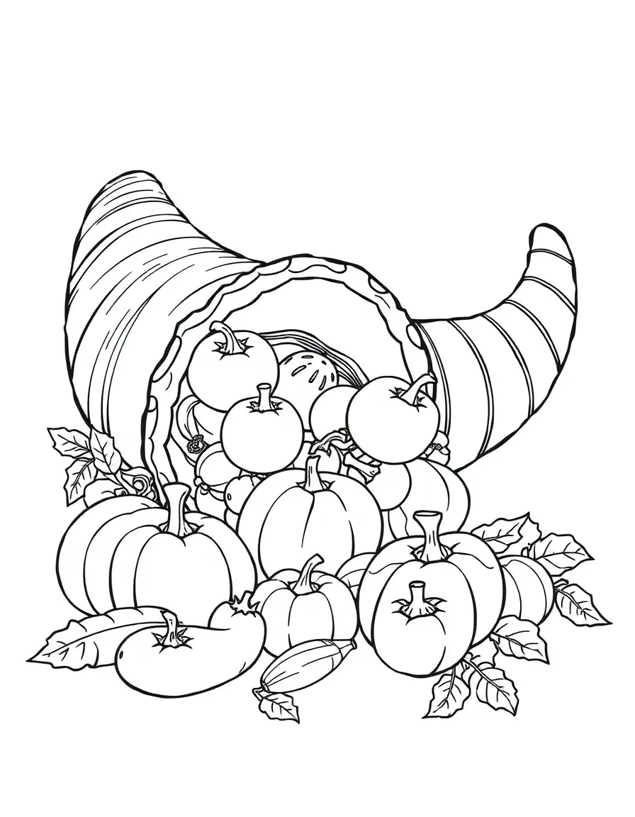 A detailed drawing of a cornucopia with a variety of produce.