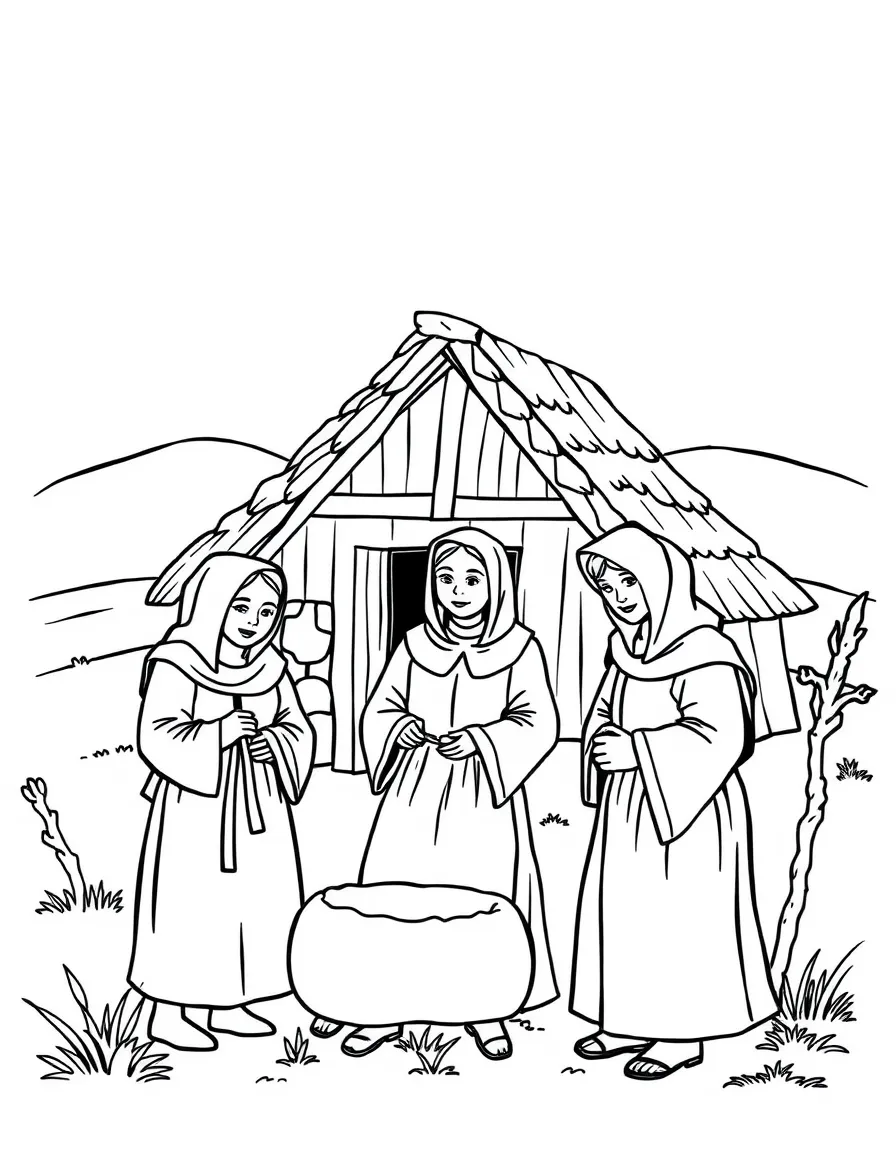 A group of pilgrims building their first homes.