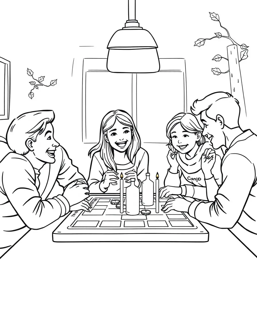 A happy family playing board games after Thanksgiving dinner.